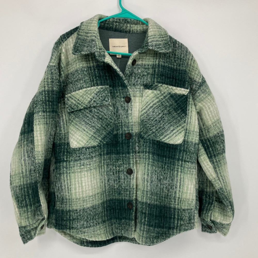 Thread & Supply Green Plaid Shacket Shirt Jacket Women Size S Oversized Fuzzy